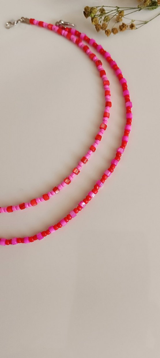 Pembe Kırmızı Boncuklu Kadın Kolye - Görsel 3