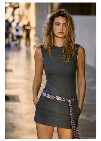 Zara Gri Kemerli Kolsuz Mini Elbise - Görsel 3