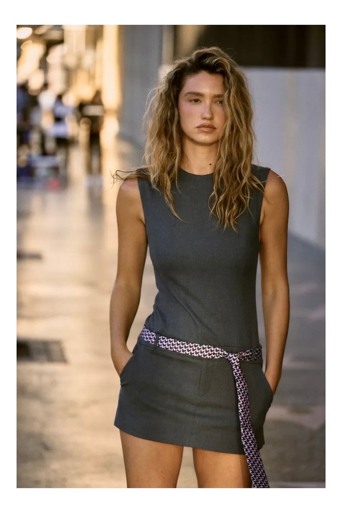 Zara Gri Kemerli Kolsuz Mini Elbise - Görsel 3