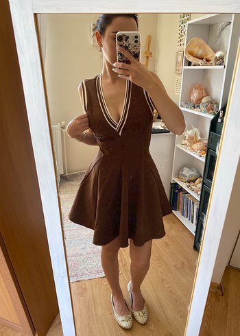 Zara Zara Kahverengi V Yaka Midi Deri Elbise