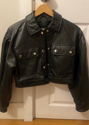 Pull and Bear Düğmeli Siyah Deri Biker Ceket