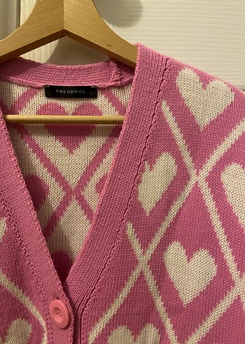 l Beden Trendyolmilla Pembe Kalp Desenli V Yaka Kadın Hırka