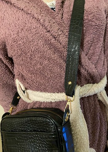 siyah Deri Yılan Desenli Omuz Çantası - Görsel 2