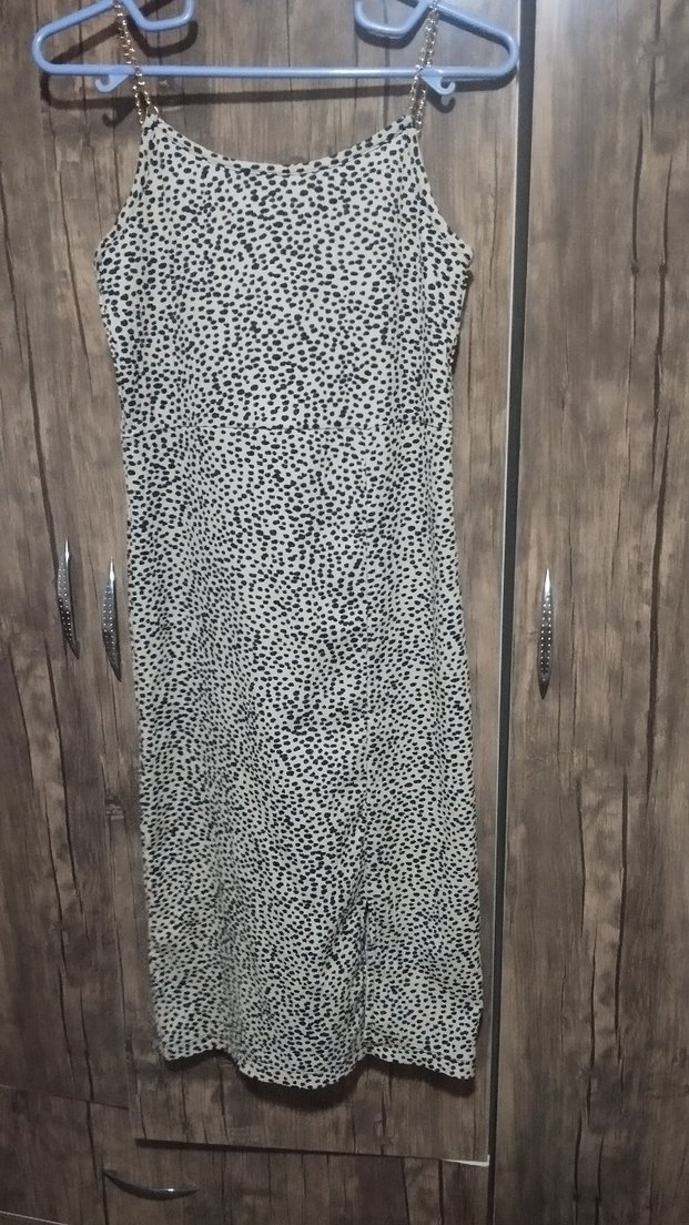 Gri Zebra Desenli Midi İnce zincir Askılı Elbise - Görsel 2