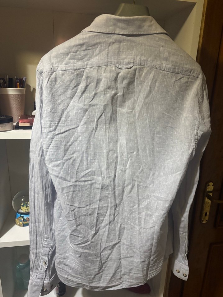Gri Keten Erkek Gömlek Uzun Kollu - Görsel 5