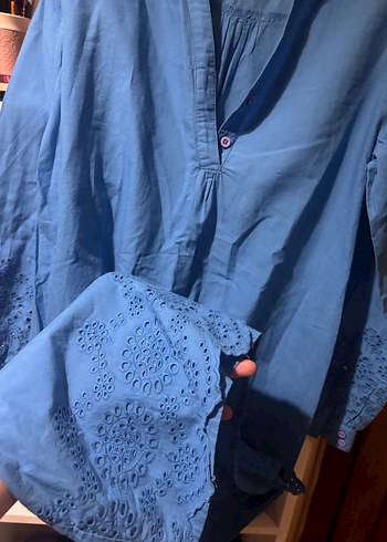 Düğmeli Uzun Kollu Mavi Tunik - Görsel 3