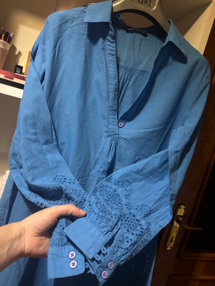 Düğmeli Uzun Kollu Mavi Tunik - Görsel 2