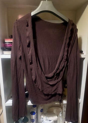 Düğmeli V Yaka Kahverengi Kadın Bluz - Görsel 2