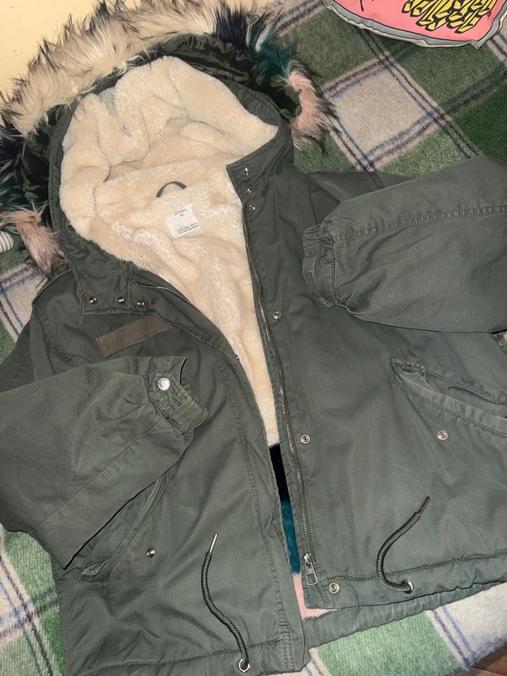 Kapüşonlu, Kürklü Kamuflaj Kadın Ceket - Görsel 2