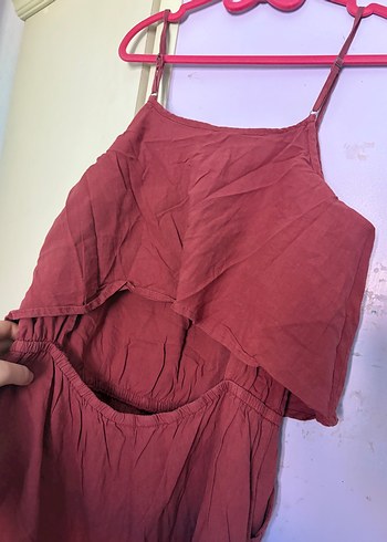 s Beden bordo Renk Bordo Keten Askılı Kadın Tulum