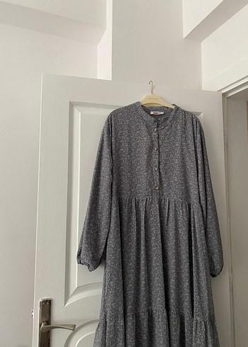 50 Beden Gri Uzun Keten Elbise, Pilili, Yüksek Yaka