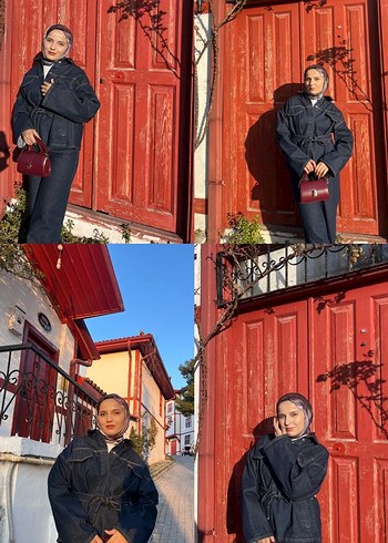 Diğer Kemerli Gri Kadın Denim Ceket takım
