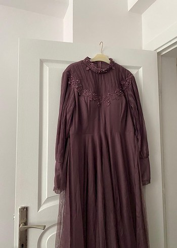 Bordo Nakışlı Uzun Vintage Kadın Elbise