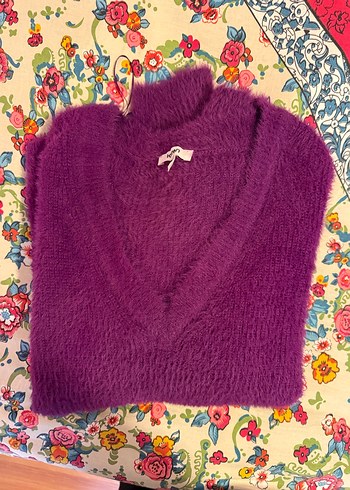 Mor V-Yaka Kadın Kazak - Görsel 5