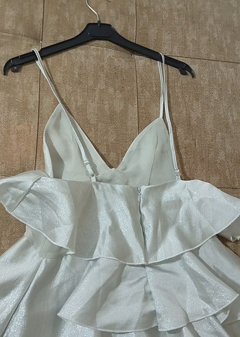 saten simli gri  mini fırfırlı abiye - Görsel 3