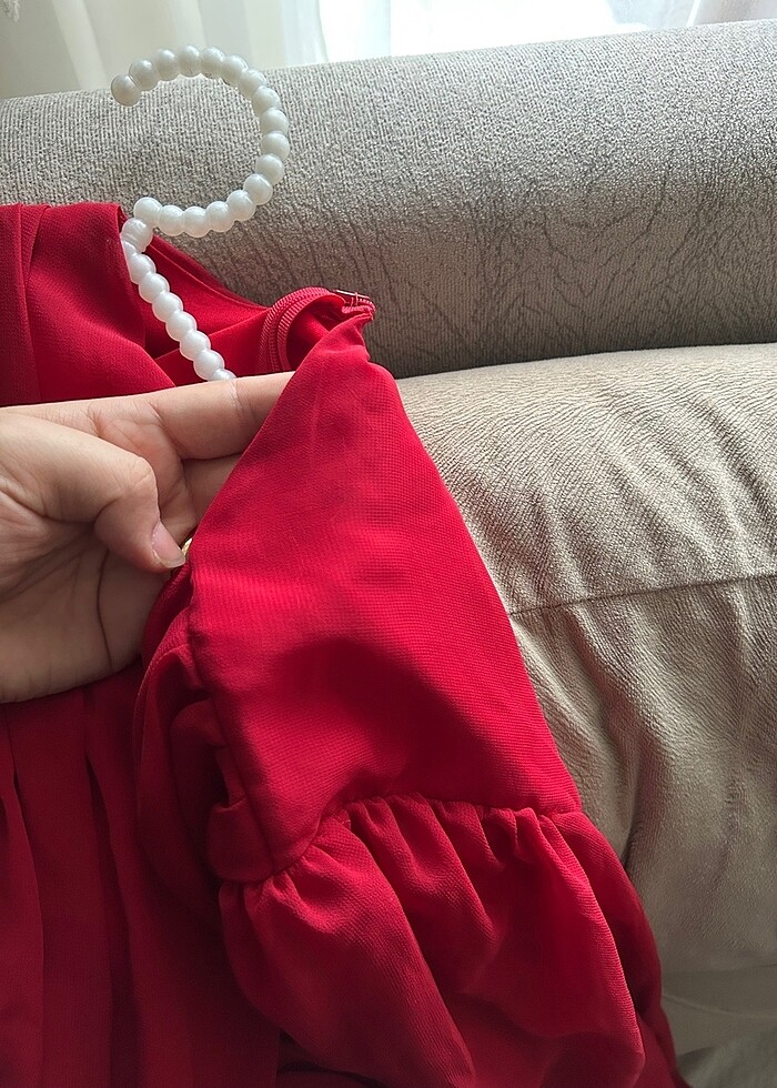 Drapeli kolları tül kırmızı elbise - Görsel 5