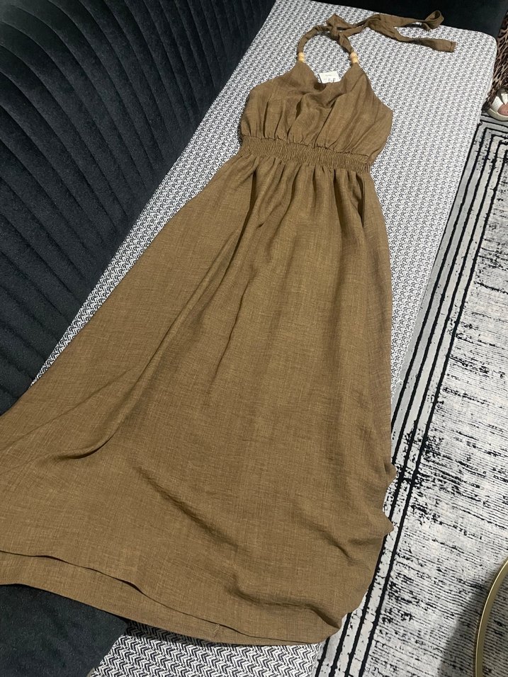 Kahverengi Keten Bohem Kadın elbise - Görsel 2