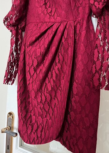 Bordo Dantel Detaylı Midi Elbise - Görsel 3