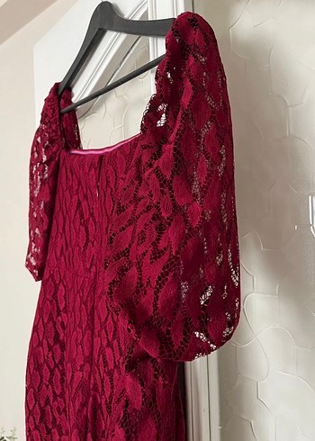 Bordo Dantel Detaylı Midi Elbise - Görsel 5