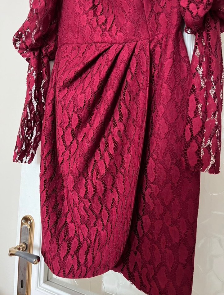 Bordo Dantel Detaylı Midi Elbise - Görsel 3