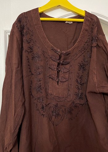 Uzun Kollu Kahverengi Nakışlı Bohem Tunik - Görsel 2