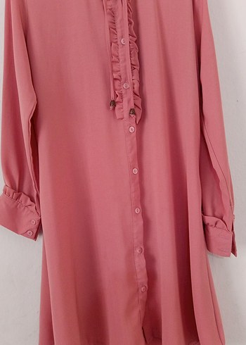 Pembe Fırfırlı Uzun Kollu Kadın Tunik