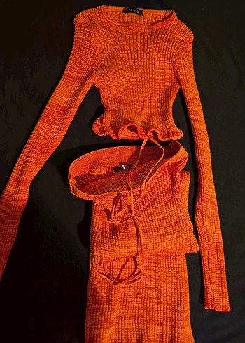 Turuncu Bağcıklı Uzun Kollu Triko Elbise - Görsel 2