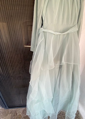 Uzun Kollu Bej Vintage Kadın Abiye Elbise - Görsel 4