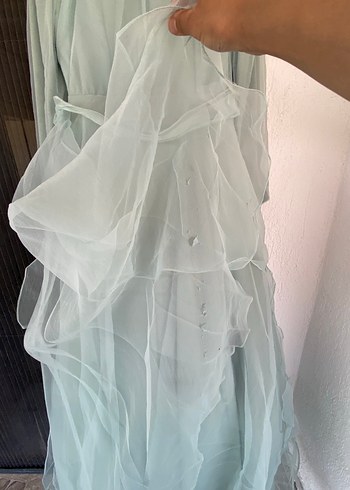 Uzun Kollu Bej Vintage Kadın Abiye Elbise - Görsel 3