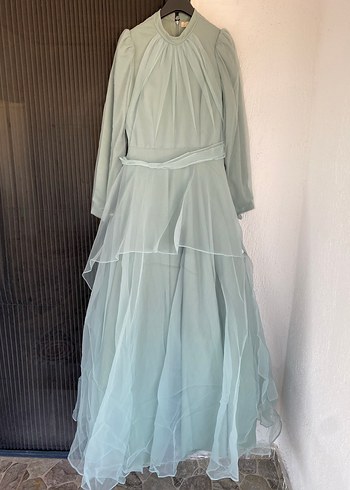 Uzun Kollu Bej Vintage Kadın Abiye Elbise - Görsel 2