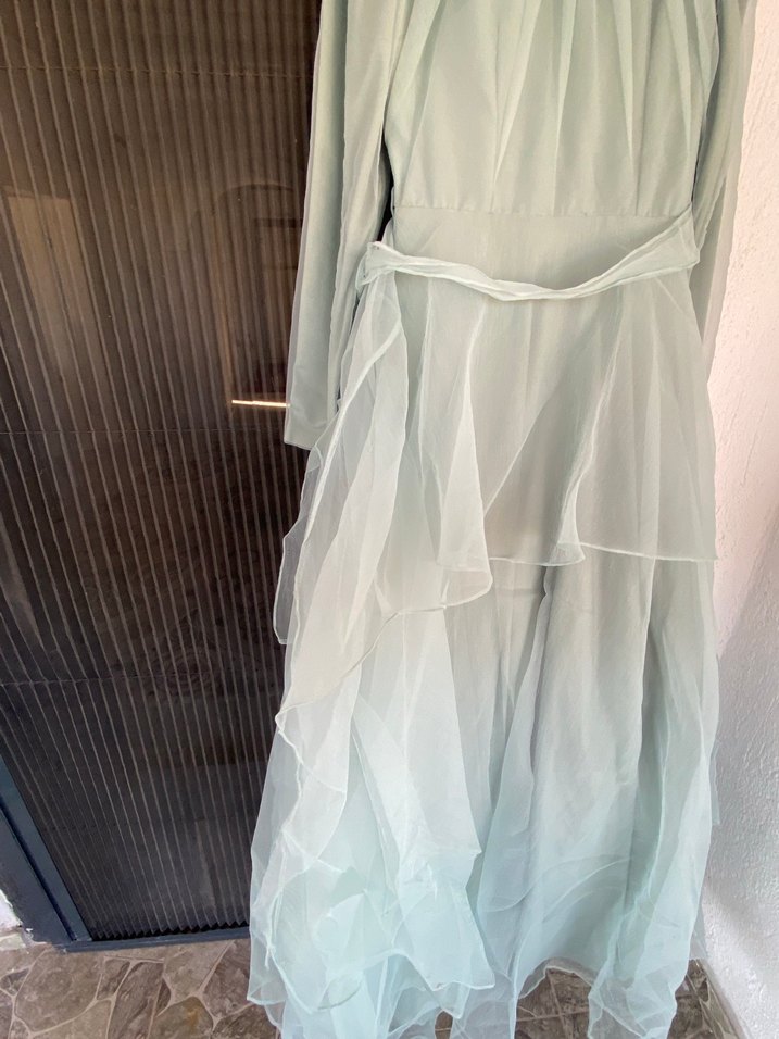 Uzun Kollu Bej Vintage Kadın Abiye Elbise - Görsel 4