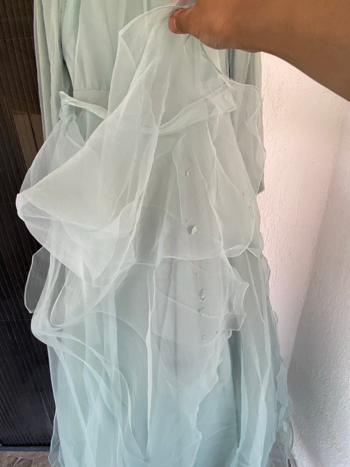 Uzun Kollu Bej Vintage Kadın Abiye Elbise - Görsel 3