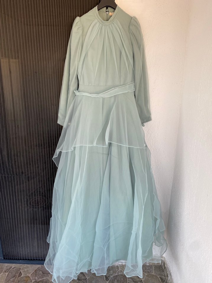 Uzun Kollu Bej Vintage Kadın Abiye Elbise - Görsel 2