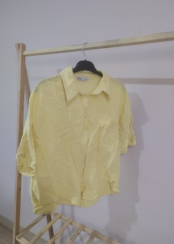 Sarı Keten Mini Kadın Gömlek - Görsel 2