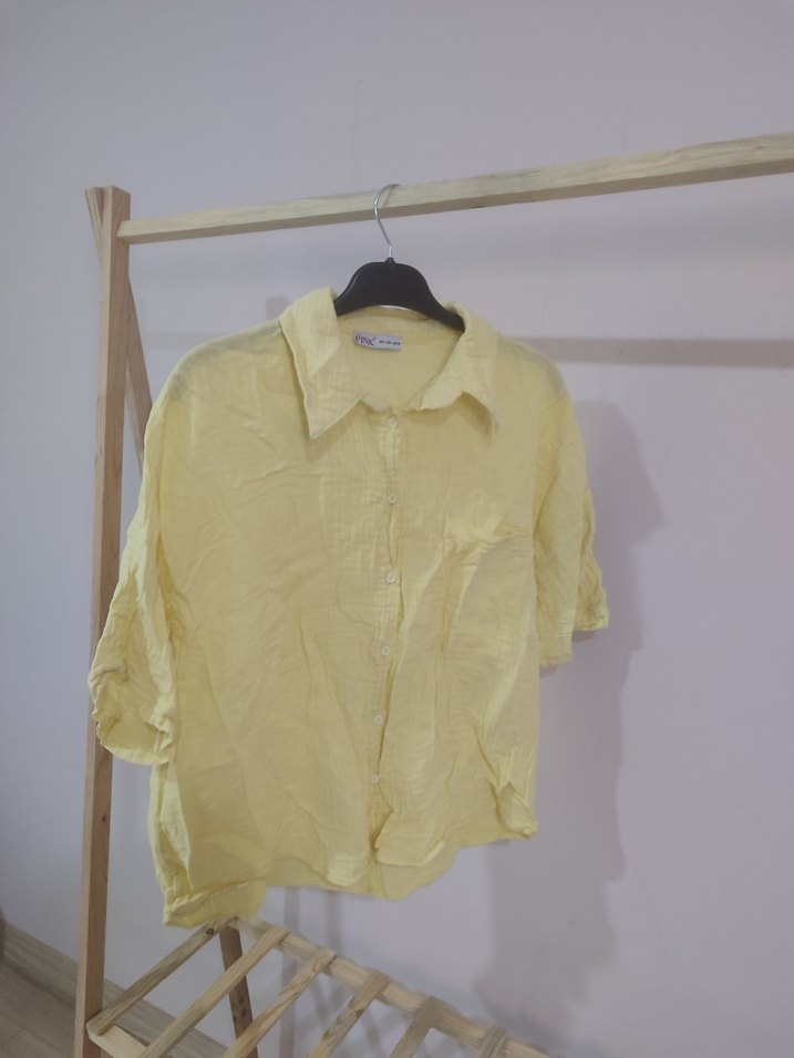 Sarı Keten Mini Kadın Gömlek - Görsel 2