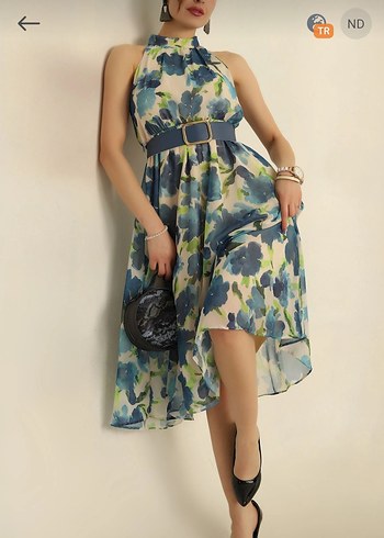 Mavi Çiçek Desenli Kemerli Mini Elbise - Görsel 2