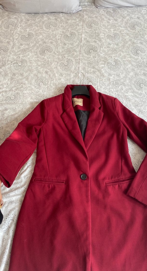 Bordo Midi Kadın Düğmeli Kaşe kaban - Görsel 2