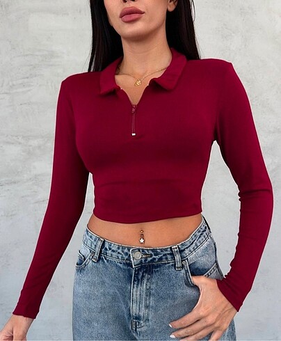 Kadın yaka fermuarlı crop