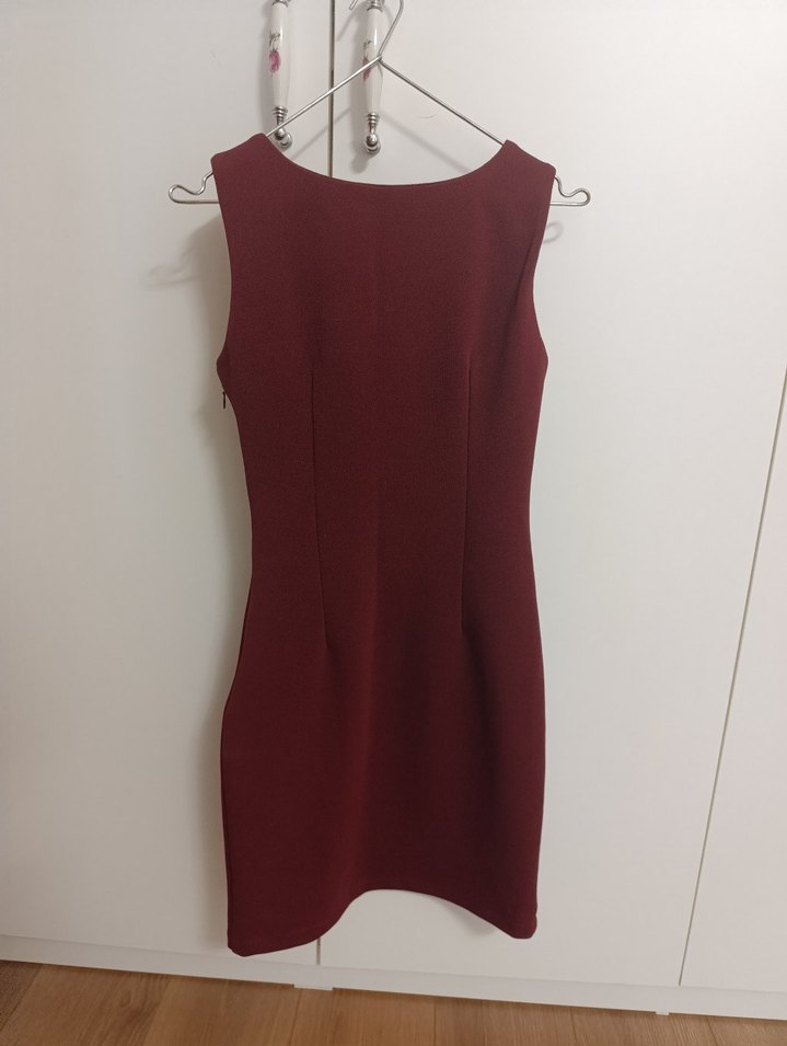 Bordo V Yakalı Midi Kadın Elbise - Görsel 2