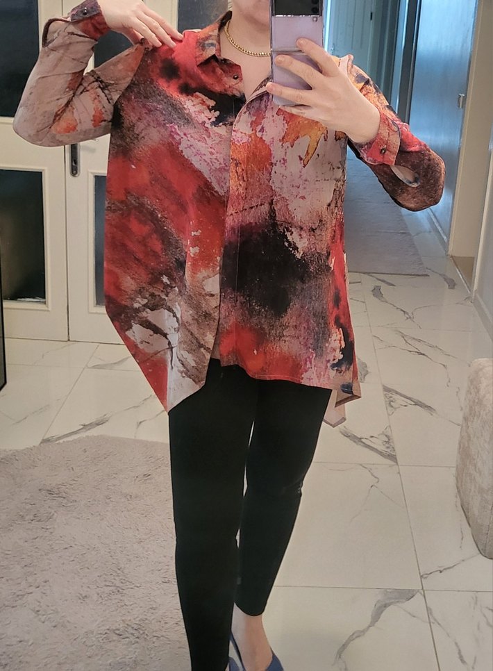 Kırmızı Batik Desenli Salaş Kadın Gömlek - Görsel 2