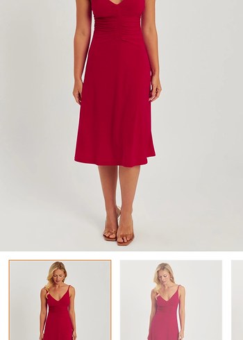 Kırmızı V Yaka Midi Drapeli Elbise - Görsel 2