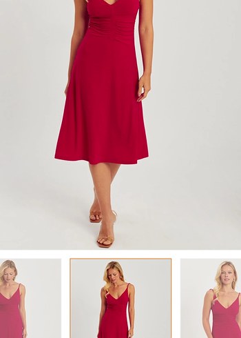 Kırmızı V Yaka Midi Drapeli Elbise - Görsel 3