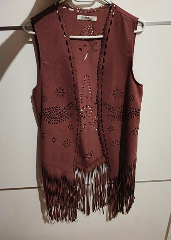 Bordo Süet Püsküllü Nakışlı Bohem Yelek