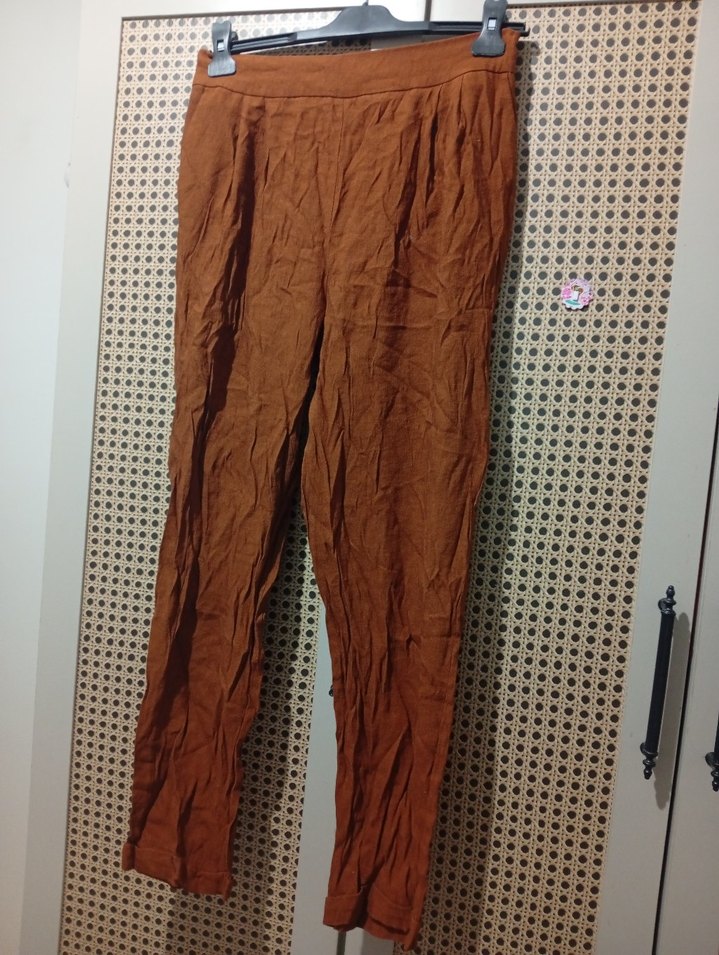 Kadın Kahverengi Keten Pilili Pantolon - Görsel 2