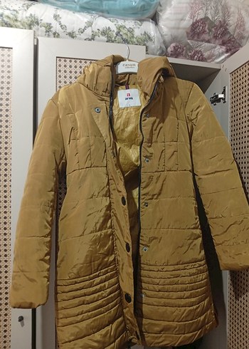 Düğmeli Parlak Kahverengi Midi Kadın Mont - Görsel 2