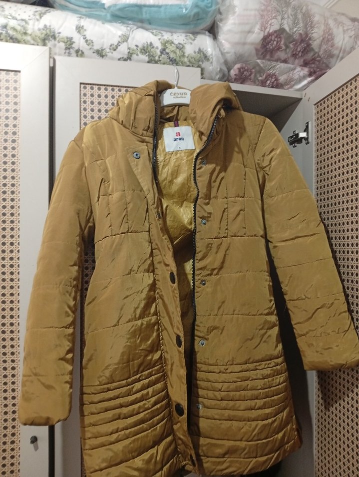 Düğmeli Parlak Kahverengi Midi Kadın Mont - Görsel 3