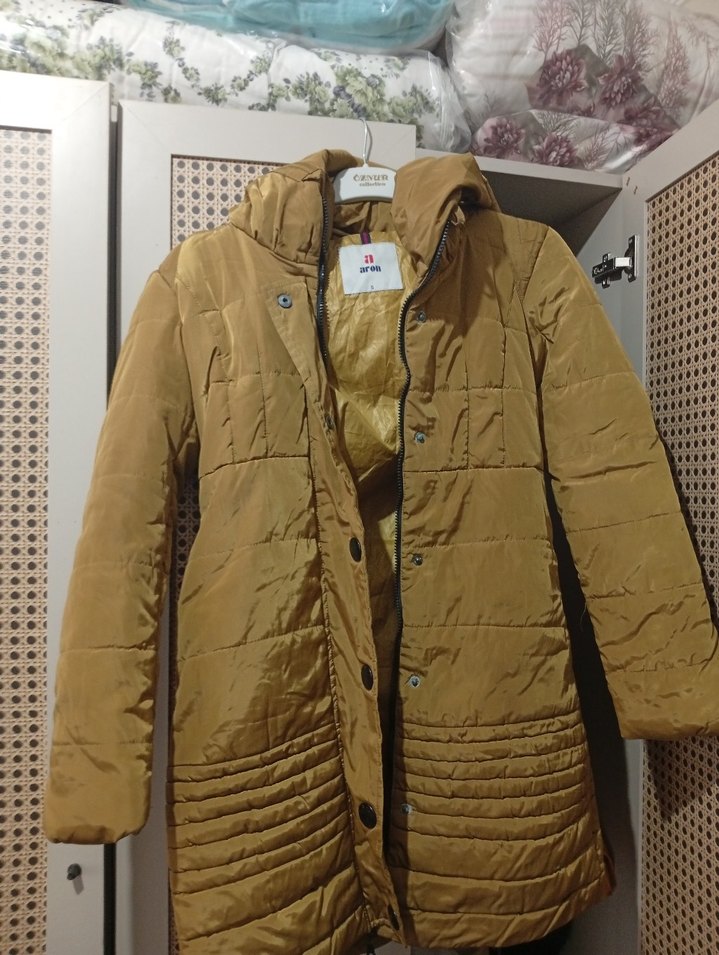 Düğmeli Parlak Kahverengi Midi Kadın Mont - Görsel 2