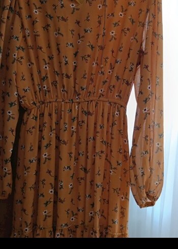 Bohem Uzun Kollu V Yakalı Bej Elbise - Görsel 3