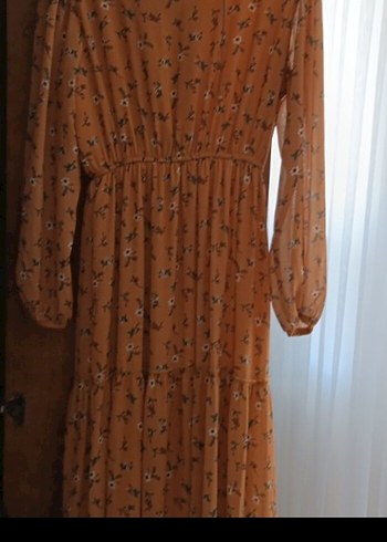 Bohem Uzun Kollu V Yakalı Bej Elbise - Görsel 2