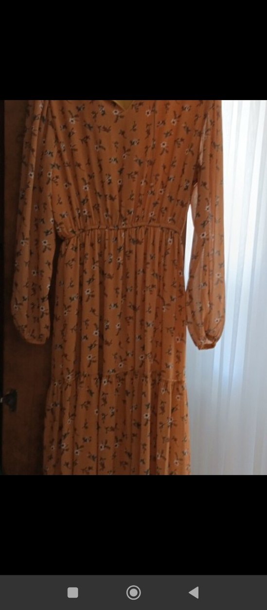 Bohem Uzun Kollu V Yakalı Bej Elbise - Görsel 2